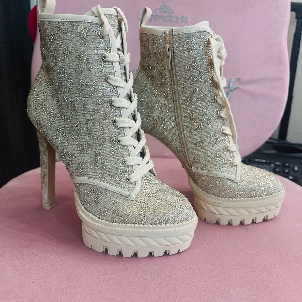 Gianni Bini Cream Glitter Lace-Up Platform Ankle Boots